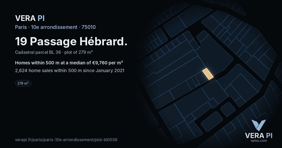 19 Passage Hébrard, 10e arrondissement at night – the plot lit, the parcels around coloured by the prices near them