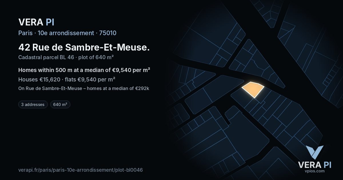 42 Rue de Sambre-Et-Meuse, 10e arrondissement at night – the plot lit, the parcels around coloured by the prices near them