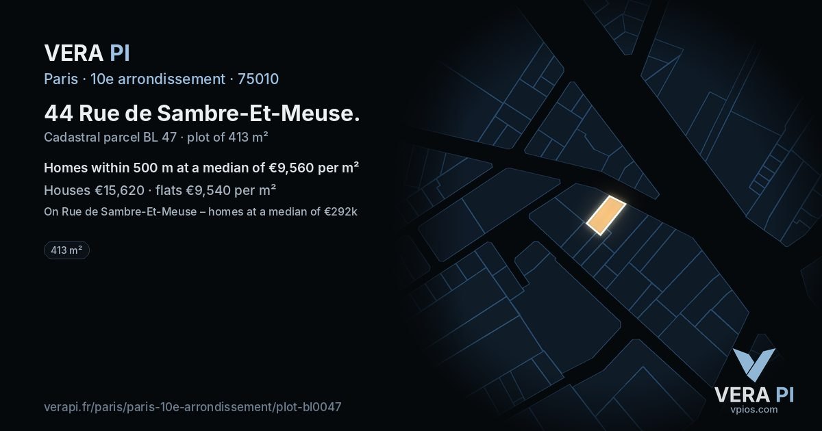 44 Rue de Sambre-Et-Meuse, 10e arrondissement at night – the plot lit, the parcels around coloured by the prices near them