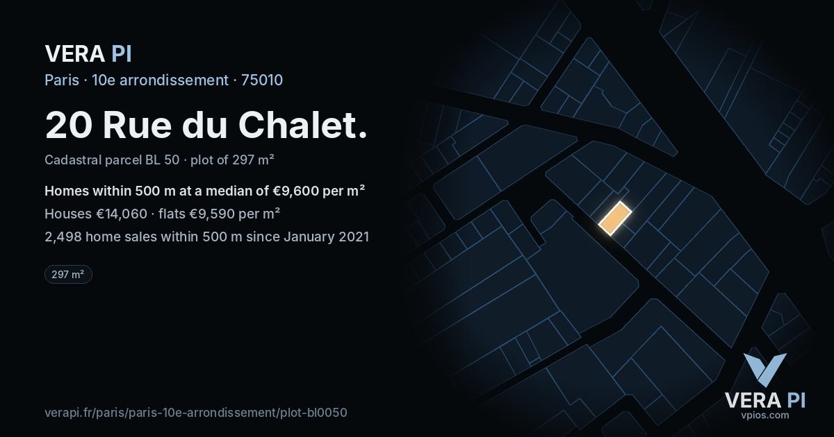 20 Rue du Chalet, 10e arrondissement at night – the plot lit, the parcels around coloured by the prices near them
