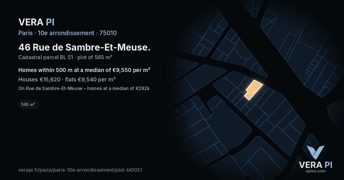 46 Rue de Sambre-Et-Meuse, 10e arrondissement at night – the plot lit, the parcels around coloured by the prices near them