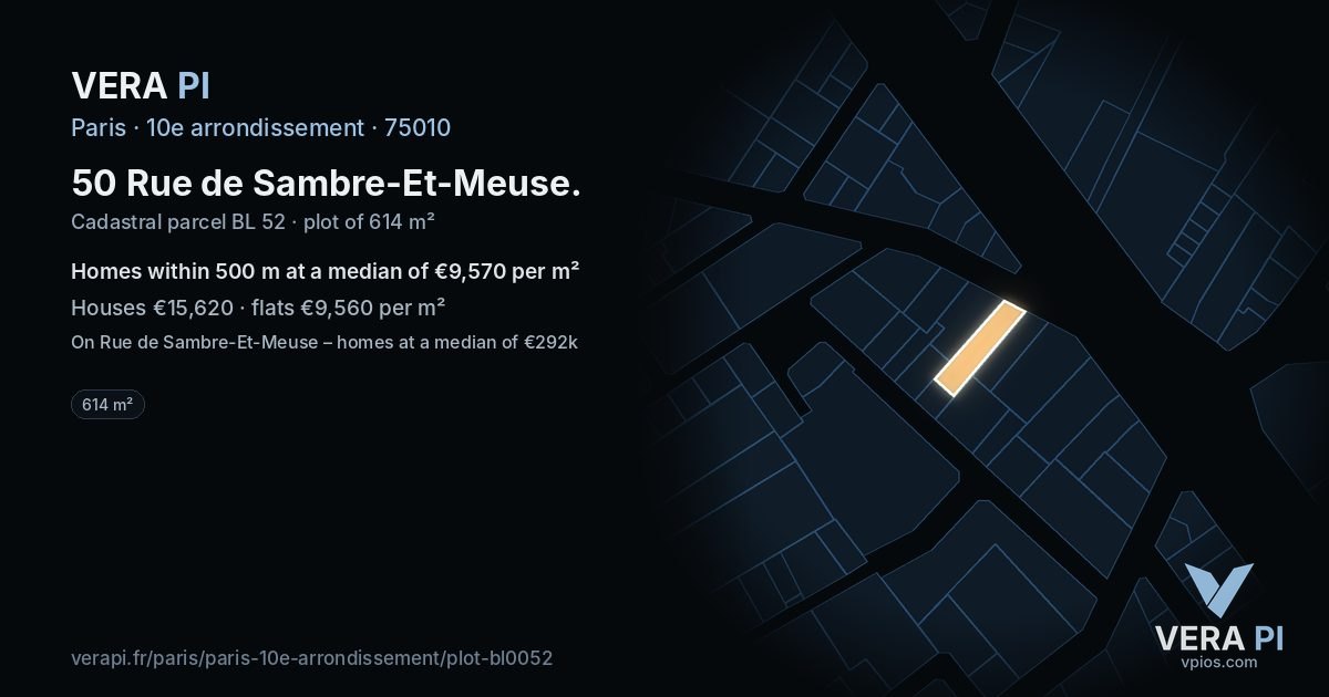 50 Rue de Sambre-Et-Meuse, 10e arrondissement at night – the plot lit, the parcels around coloured by the prices near them