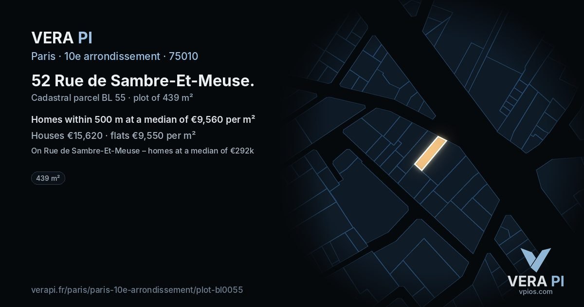 52 Rue de Sambre-Et-Meuse, 10e arrondissement at night – the plot lit, the parcels around coloured by the prices near them