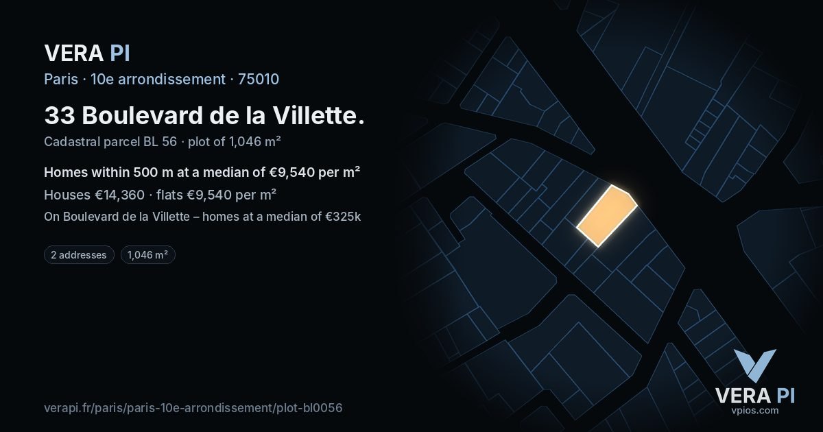 33 Boulevard de la Villette, 10e arrondissement at night – the plot lit, the parcels around coloured by the prices near them