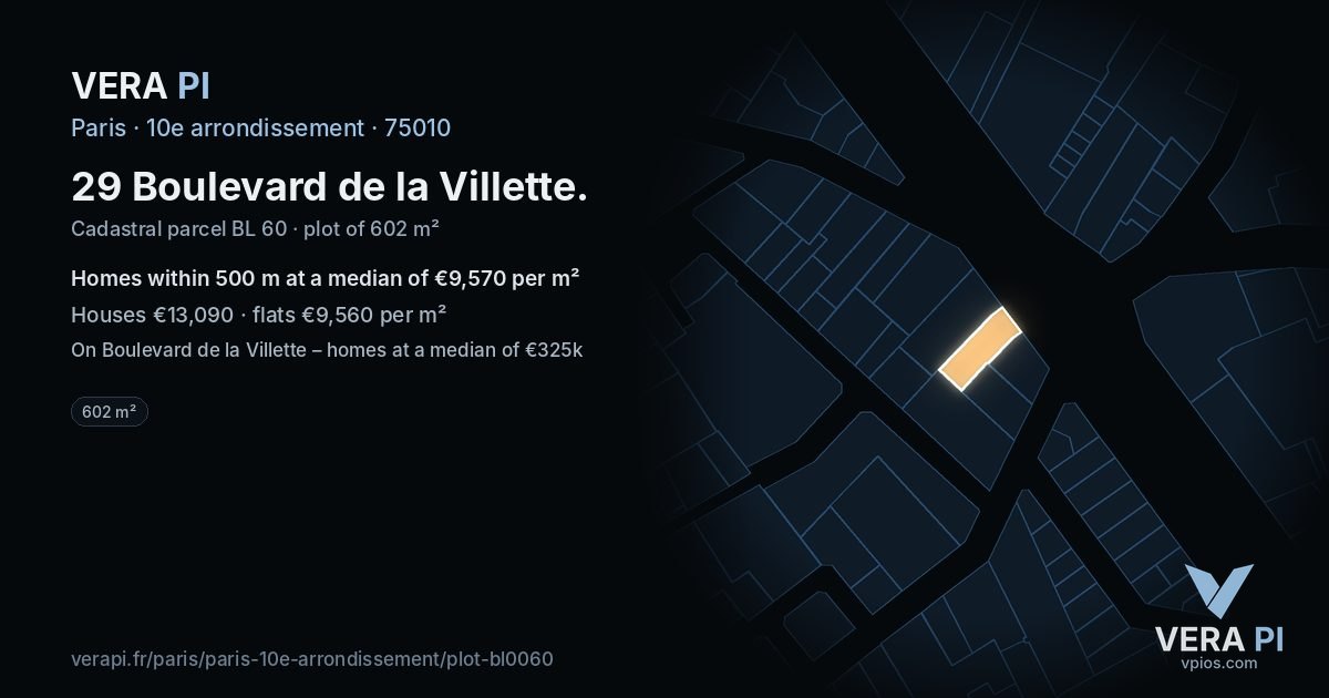 29 Boulevard de la Villette, 10e arrondissement at night – the plot lit, the parcels around coloured by the prices near them