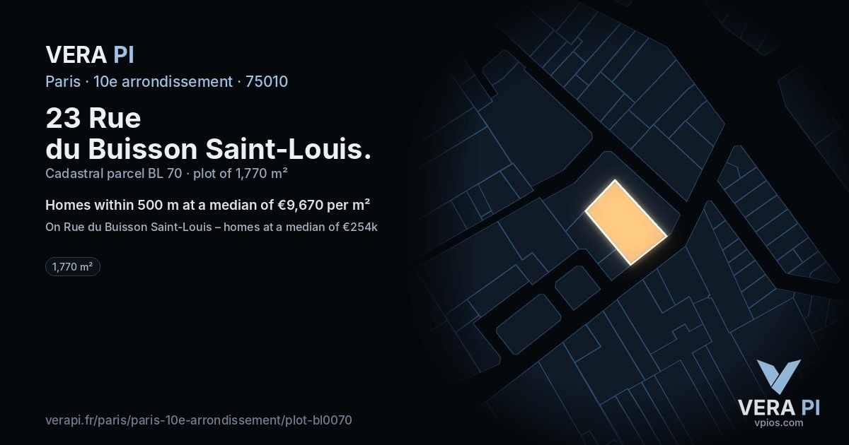 23 Rue du Buisson Saint-Louis, 10e arrondissement at night – the plot lit, the parcels around coloured by the prices near them