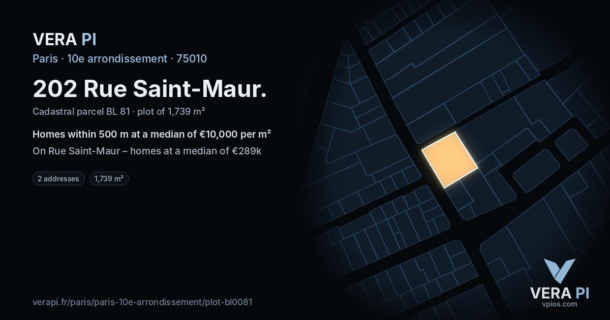 202 Rue Saint-Maur, 10e arrondissement at night – the plot lit, the parcels around coloured by the prices near them