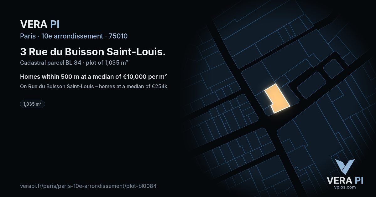 3 Rue du Buisson Saint-Louis, 10e arrondissement at night – the plot lit, the parcels around coloured by the prices near them