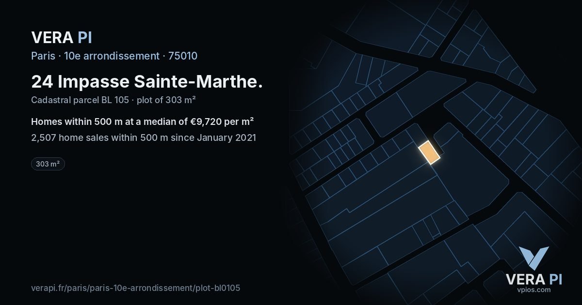 24 Impasse Sainte-Marthe, 10e arrondissement at night – the plot lit, the parcels around coloured by the prices near them