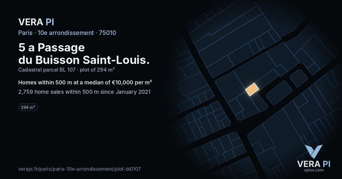 5 a Passage du Buisson Saint-Louis, 10e arrondissement at night – the plot lit, the parcels around coloured by the prices near them