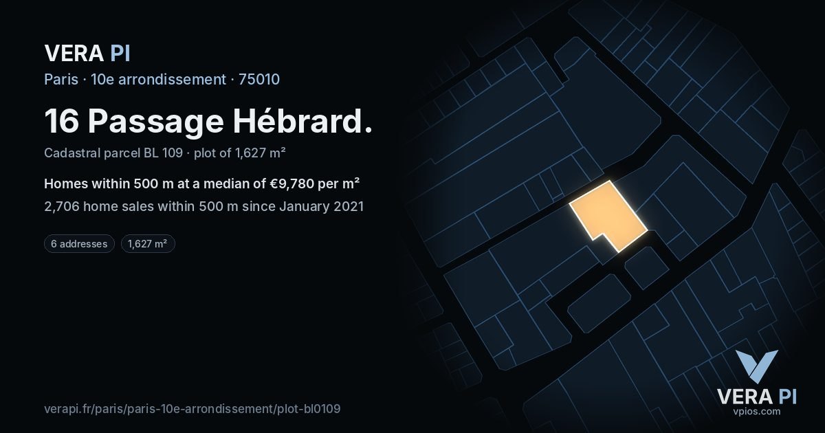 16 Passage Hébrard, 10e arrondissement at night – the plot lit, the parcels around coloured by the prices near them