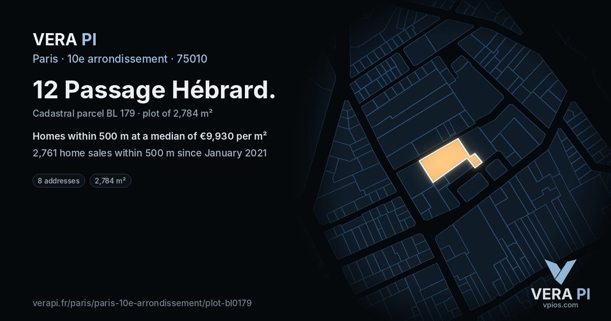 12 Passage Hébrard, 10e arrondissement at night – the plot lit, the parcels around coloured by the prices near them