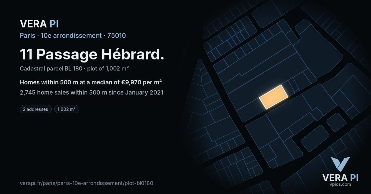 11 Passage Hébrard, 10e arrondissement at night – the plot lit, the parcels around coloured by the prices near them
