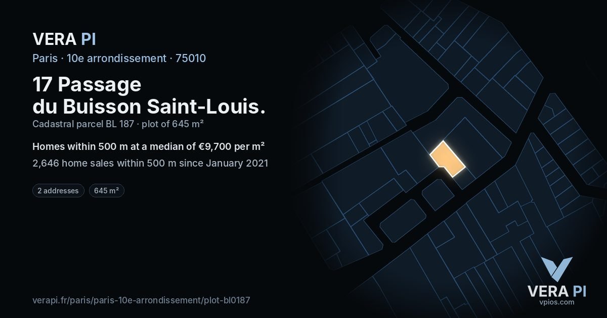 17 Passage du Buisson Saint-Louis, 10e arrondissement at night – the plot lit, the parcels around coloured by the prices near them
