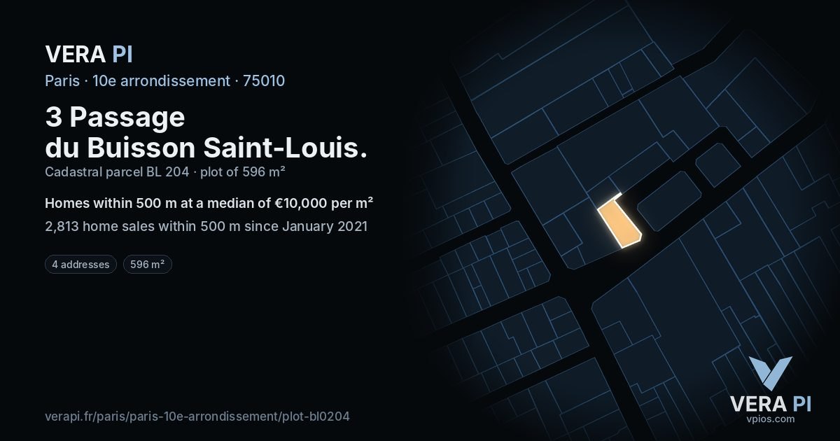 3 Passage du Buisson Saint-Louis, 10e arrondissement at night – the plot lit, the parcels around coloured by the prices near them