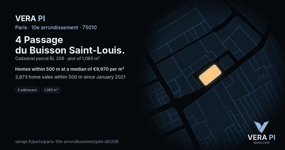 4 Passage du Buisson Saint-Louis, 10e arrondissement at night – the plot lit, the parcels around coloured by the prices near them