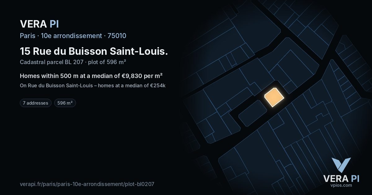 15 Rue du Buisson Saint-Louis, 10e arrondissement at night – the plot lit, the parcels around coloured by the prices near them