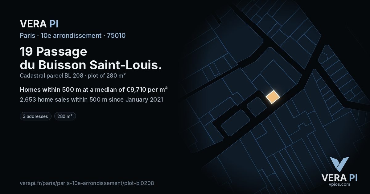 19 Passage du Buisson Saint-Louis, 10e arrondissement at night – the plot lit, the parcels around coloured by the prices near them
