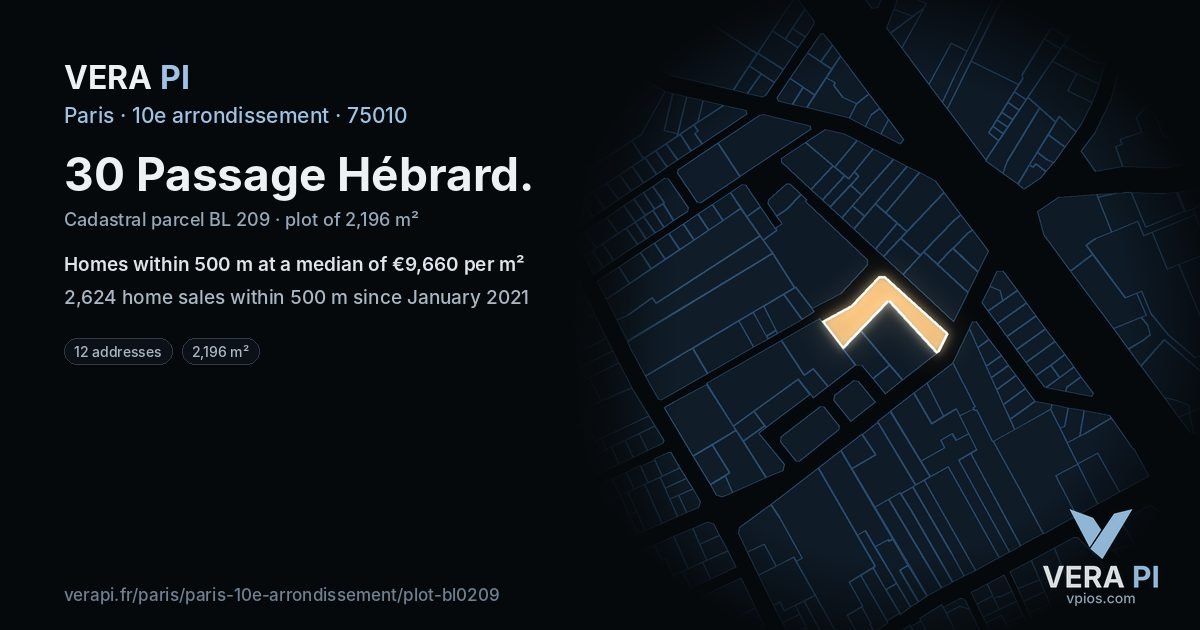 30 Passage Hébrard, 10e arrondissement at night – the plot lit, the parcels around coloured by the prices near them