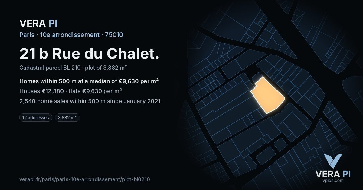 21 b Rue du Chalet, 10e arrondissement at night – the plot lit, the parcels around coloured by the prices near them