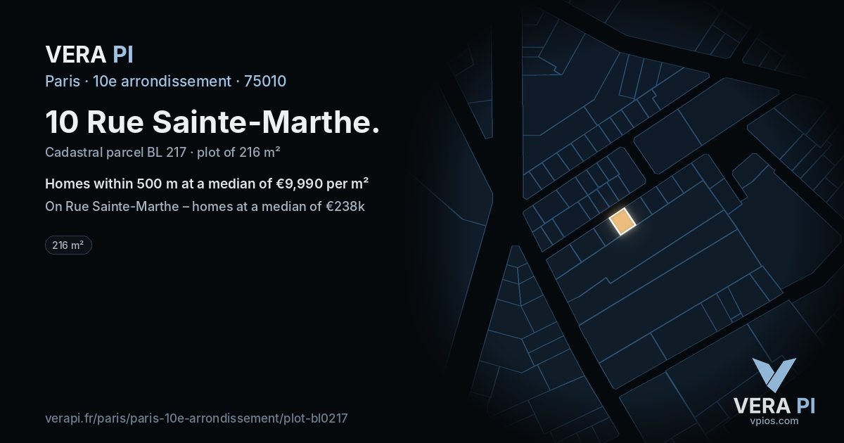 10 Rue Sainte-Marthe, 10e arrondissement at night – the plot lit, the parcels around coloured by the prices near them