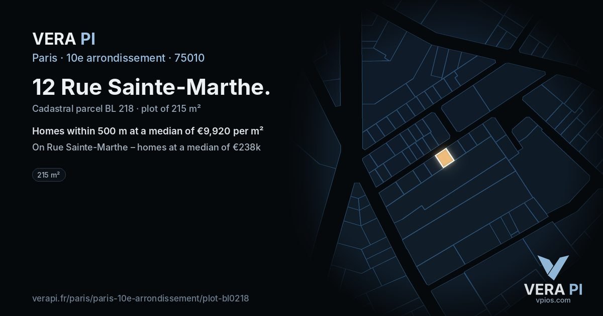 12 Rue Sainte-Marthe, 10e arrondissement at night – the plot lit, the parcels around coloured by the prices near them