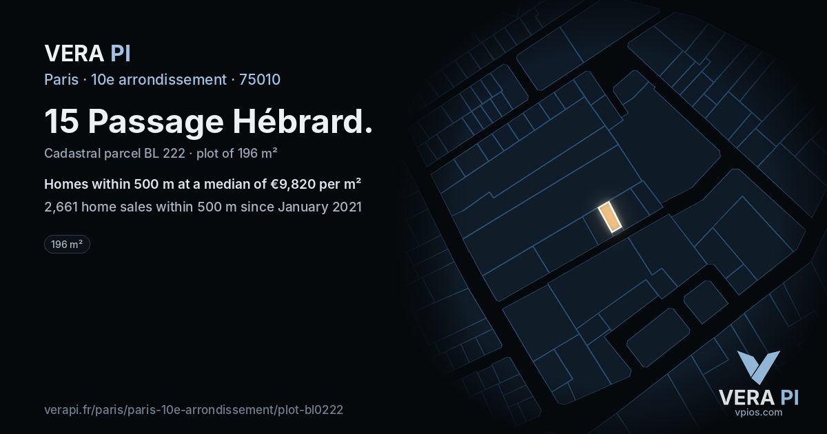 15 Passage Hébrard, 10e arrondissement at night – the plot lit, the parcels around coloured by the prices near them