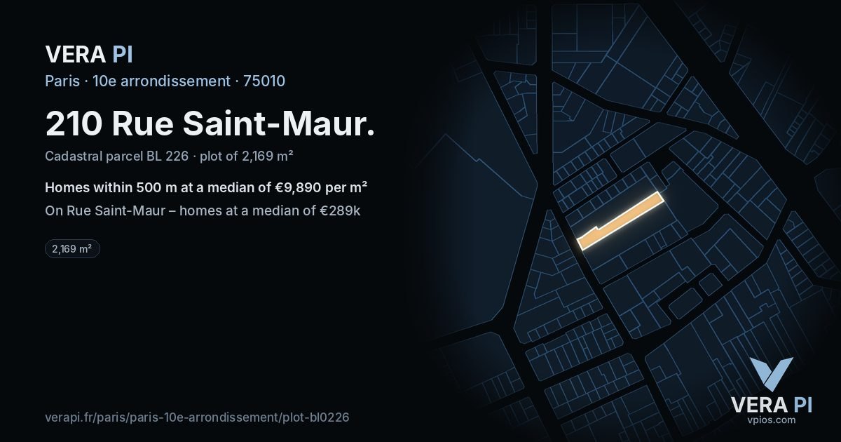 210 Rue Saint-Maur, 10e arrondissement at night – the plot lit, the parcels around coloured by the prices near them