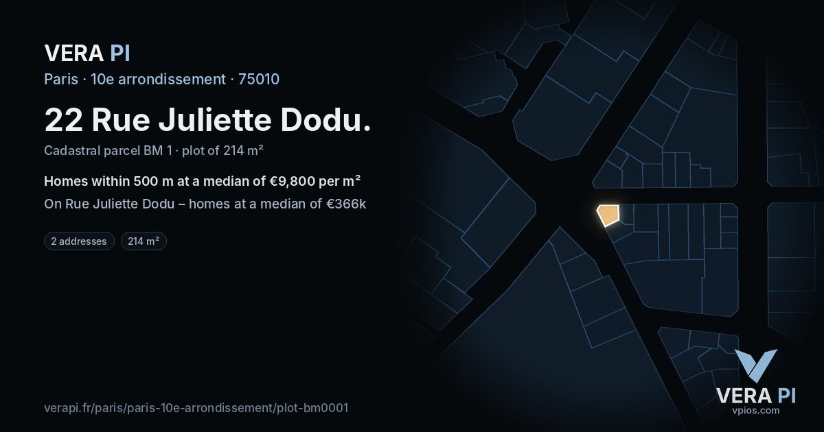 22 Rue Juliette Dodu, 10e arrondissement at night – the plot lit, the parcels around coloured by the prices near them