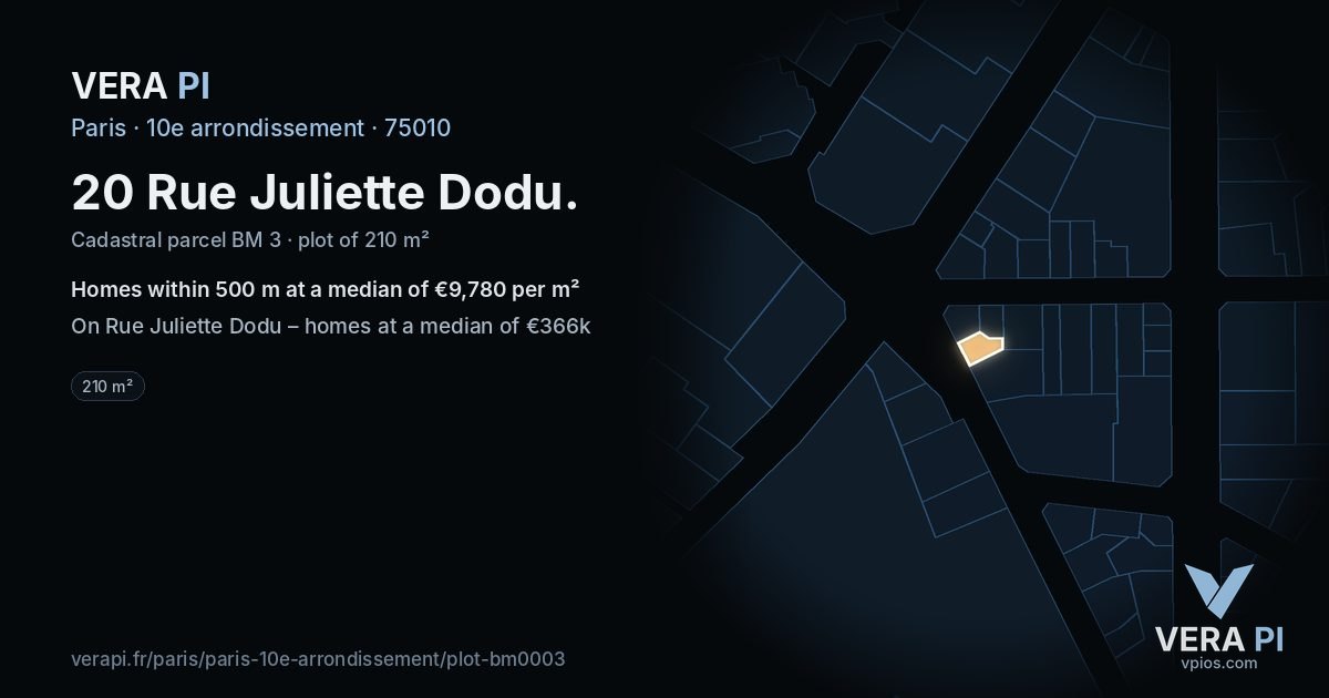 20 Rue Juliette Dodu, 10e arrondissement at night – the plot lit, the parcels around coloured by the prices near them