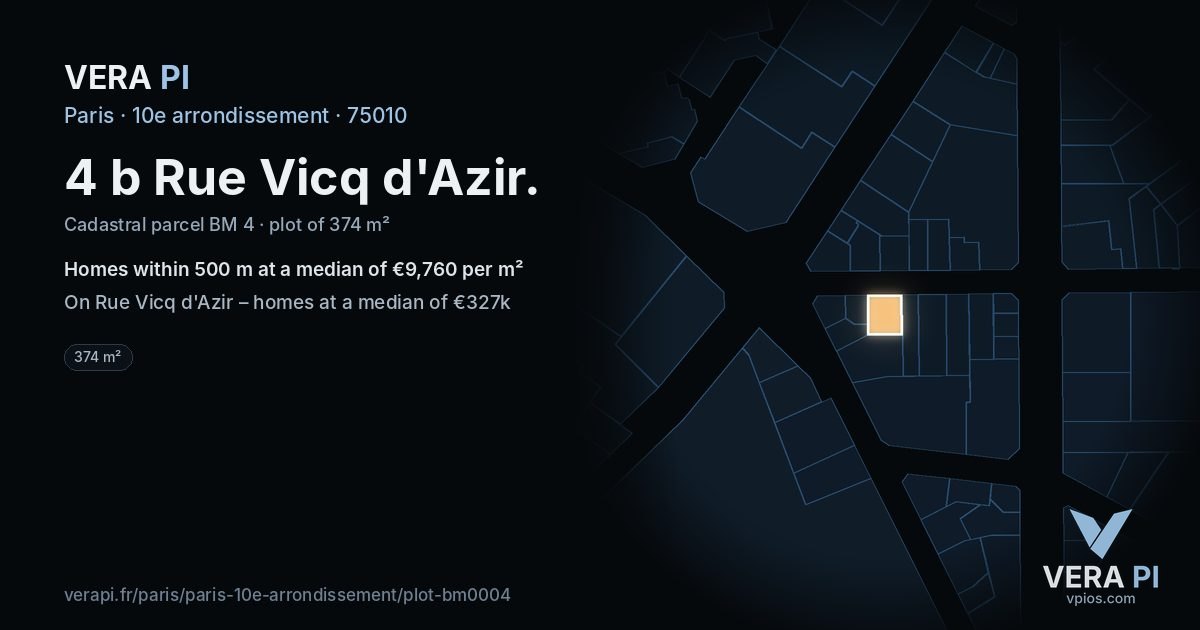 4 b Rue Vicq d'Azir, 10e arrondissement at night – the plot lit, the parcels around coloured by the prices near them