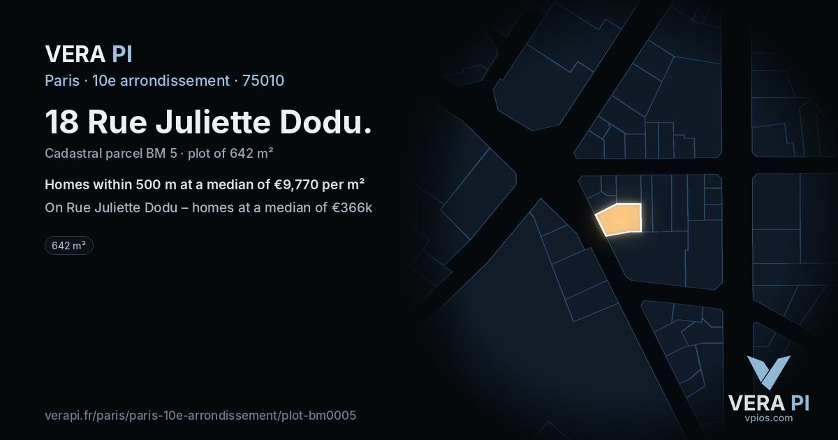 18 Rue Juliette Dodu, 10e arrondissement at night – the plot lit, the parcels around coloured by the prices near them