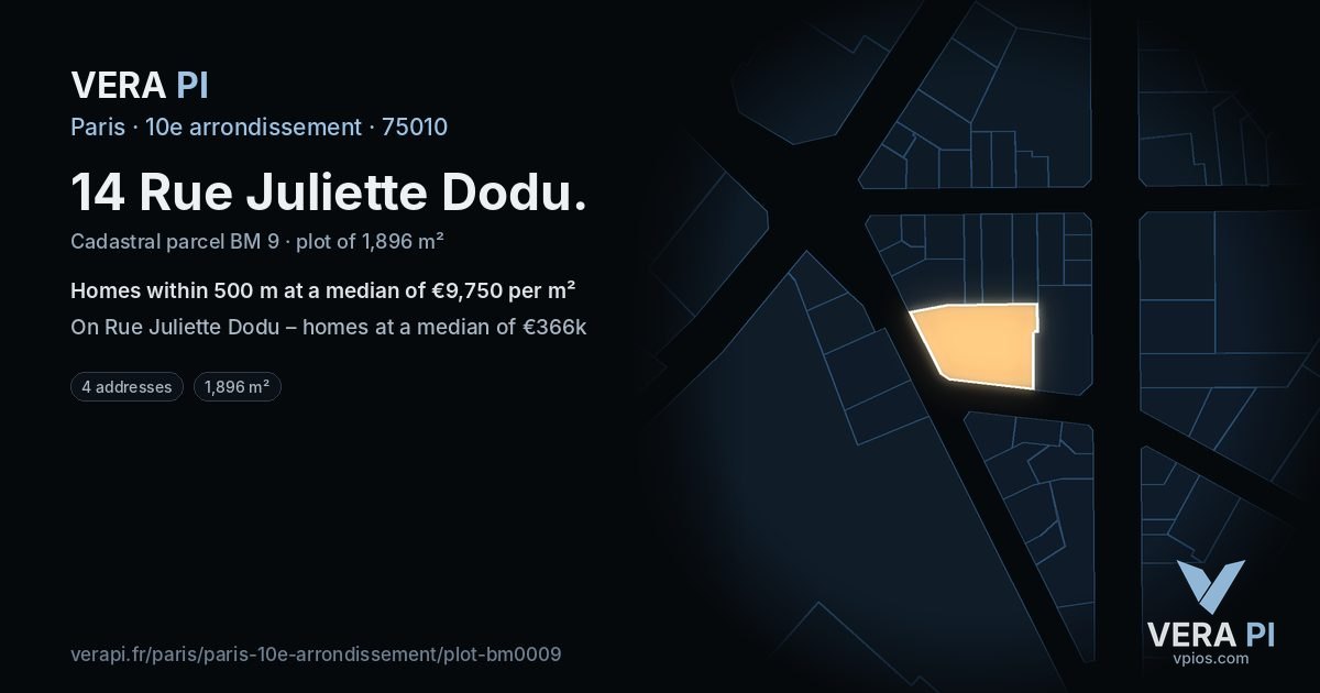 14 Rue Juliette Dodu, 10e arrondissement at night – the plot lit, the parcels around coloured by the prices near them
