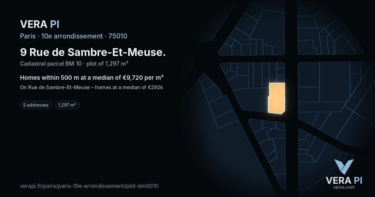 9 Rue de Sambre-Et-Meuse, 10e arrondissement at night – the plot lit, the parcels around coloured by the prices near them