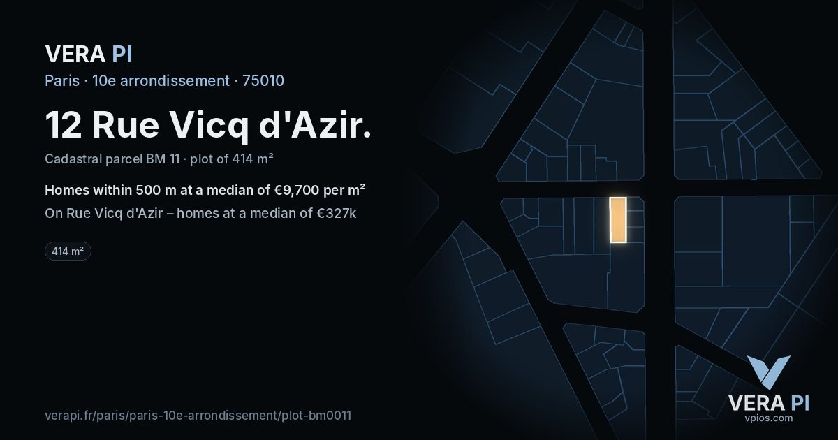 12 Rue Vicq d'Azir, 10e arrondissement at night – the plot lit, the parcels around coloured by the prices near them