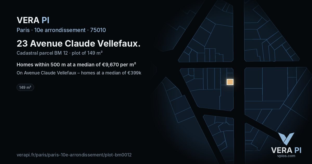 23 Avenue Claude Vellefaux, 10e arrondissement at night – the plot lit, the parcels around coloured by the prices near them