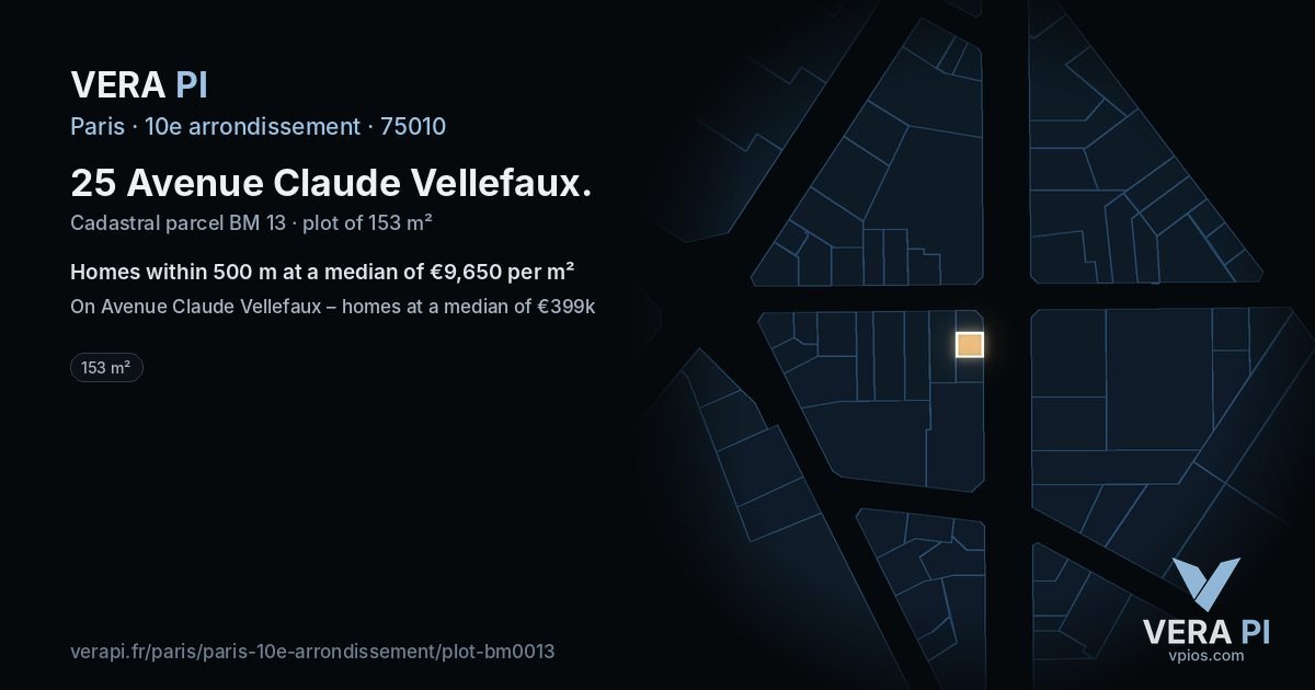 25 Avenue Claude Vellefaux, 10e arrondissement at night – the plot lit, the parcels around coloured by the prices near them