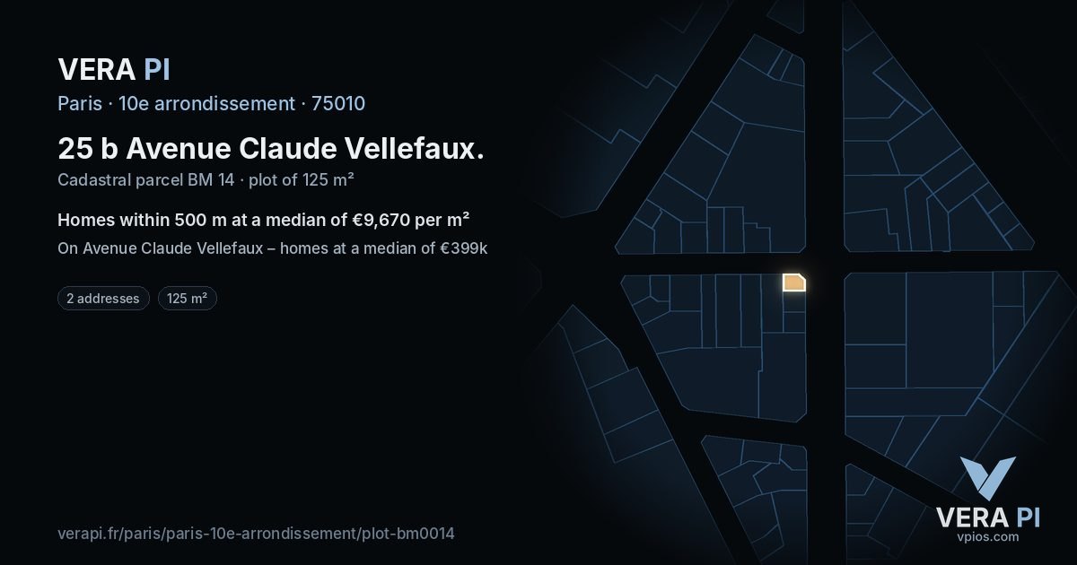 25 b Avenue Claude Vellefaux, 10e arrondissement at night – the plot lit, the parcels around coloured by the prices near them