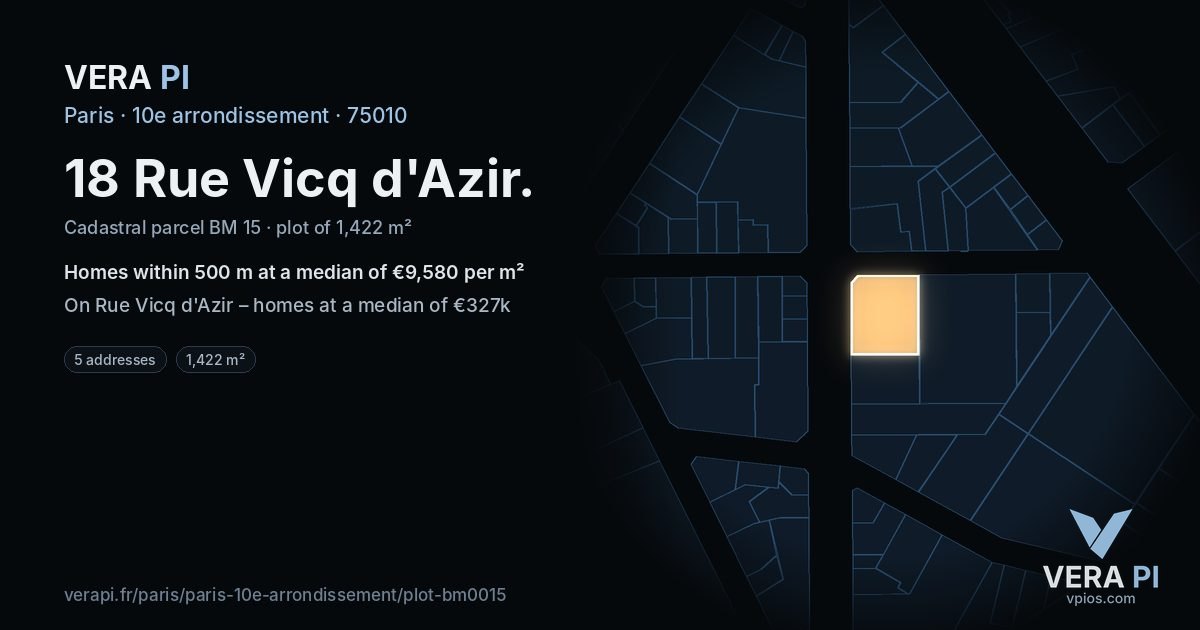 18 Rue Vicq d'Azir, 10e arrondissement at night – the plot lit, the parcels around coloured by the prices near them