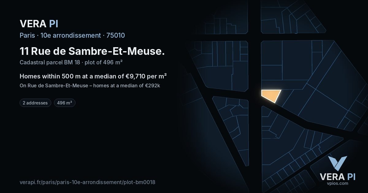 11 Rue de Sambre-Et-Meuse, 10e arrondissement at night – the plot lit, the parcels around coloured by the prices near them