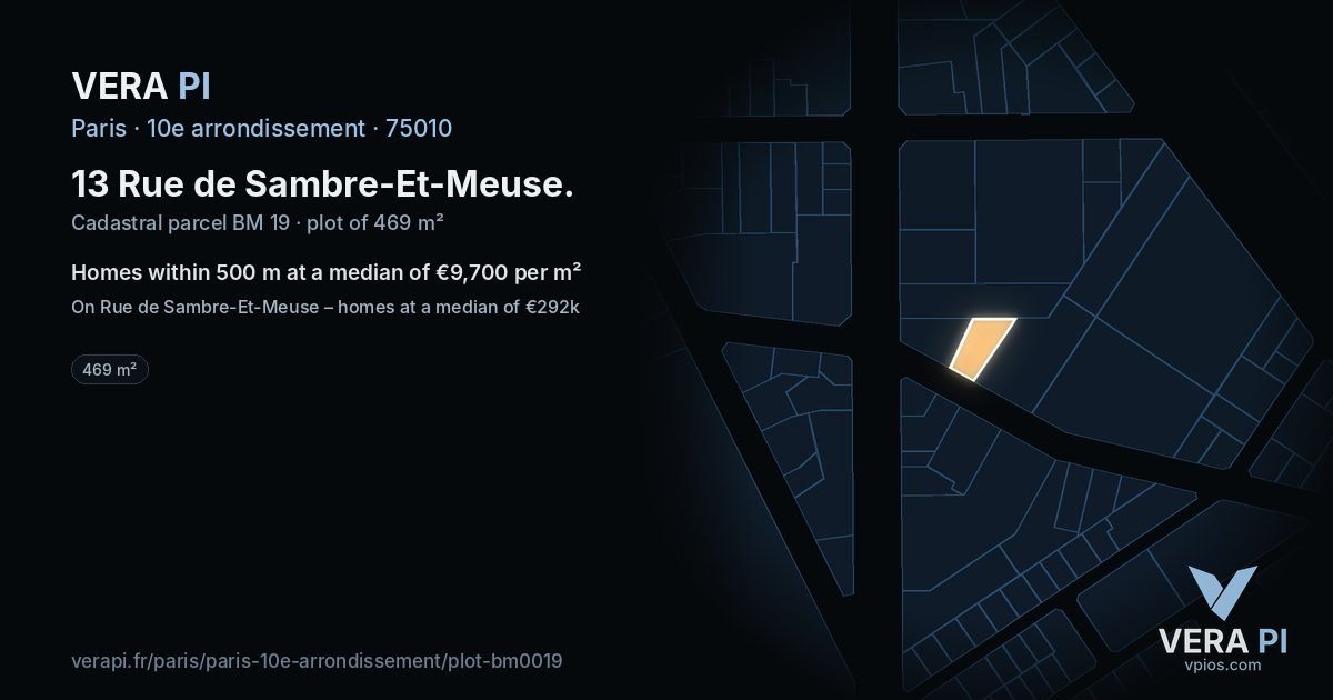 13 Rue de Sambre-Et-Meuse, 10e arrondissement at night – the plot lit, the parcels around coloured by the prices near them