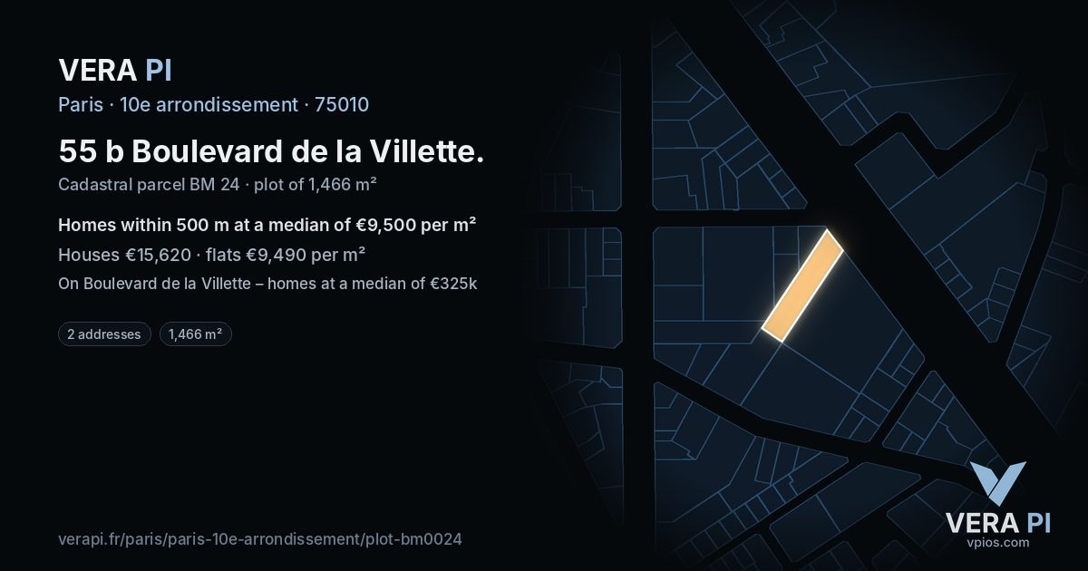 55 b Boulevard de la Villette, 10e arrondissement at night – the plot lit, the parcels around coloured by the prices near them