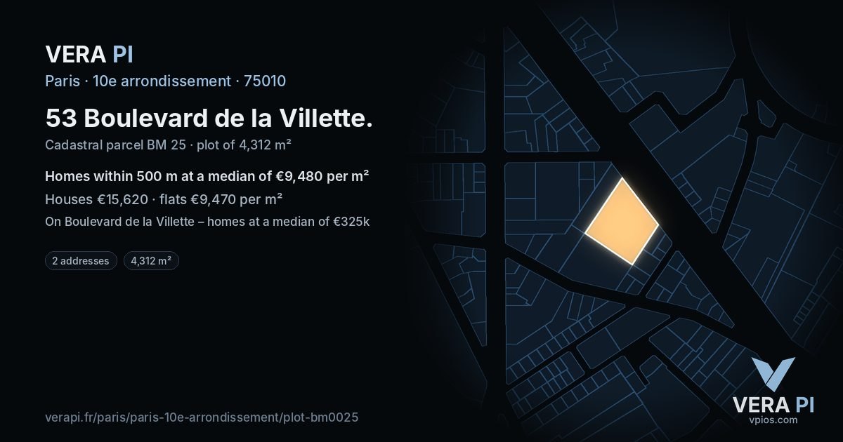 53 Boulevard de la Villette, 10e arrondissement at night – the plot lit, the parcels around coloured by the prices near them