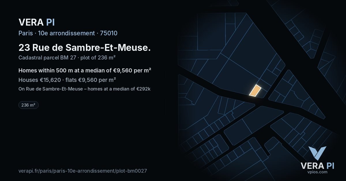 23 Rue de Sambre-Et-Meuse, 10e arrondissement at night – the plot lit, the parcels around coloured by the prices near them