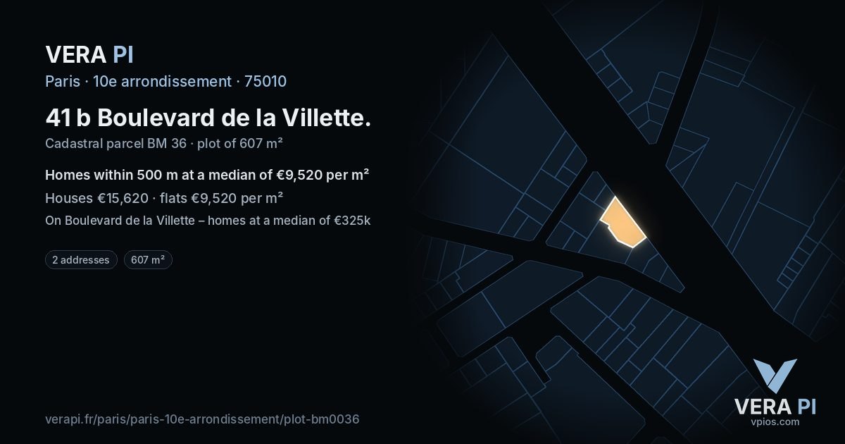 41 b Boulevard de la Villette, 10e arrondissement at night – the plot lit, the parcels around coloured by the prices near them