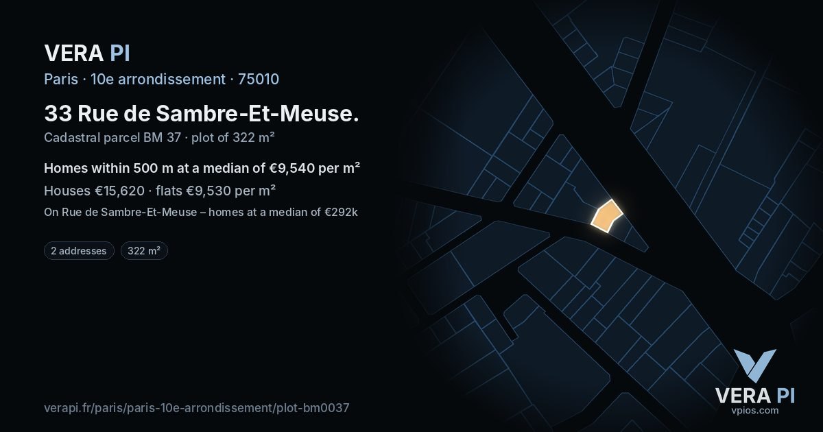 33 Rue de Sambre-Et-Meuse, 10e arrondissement at night – the plot lit, the parcels around coloured by the prices near them