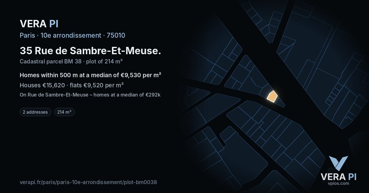 35 Rue de Sambre-Et-Meuse, 10e arrondissement at night – the plot lit, the parcels around coloured by the prices near them