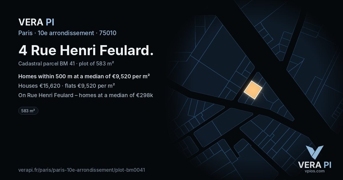 4 Rue Henri Feulard, 10e arrondissement at night – the plot lit, the parcels around coloured by the prices near them