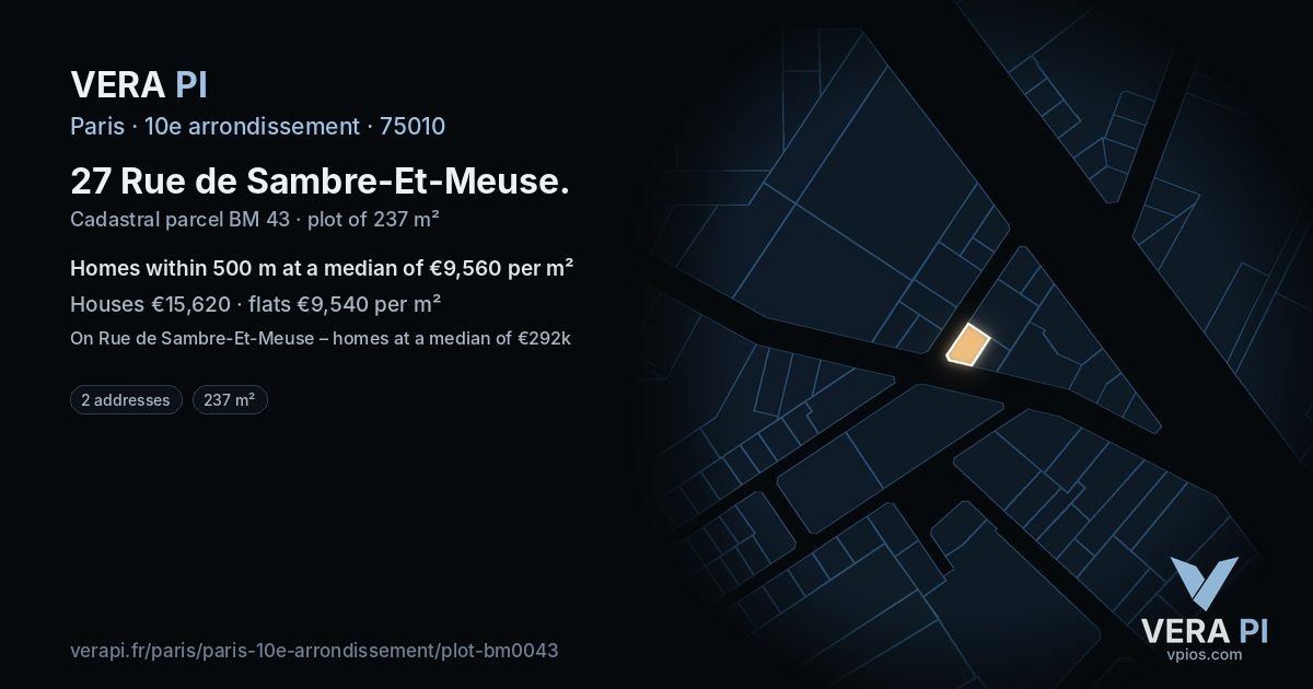 27 Rue de Sambre-Et-Meuse, 10e arrondissement at night – the plot lit, the parcels around coloured by the prices near them