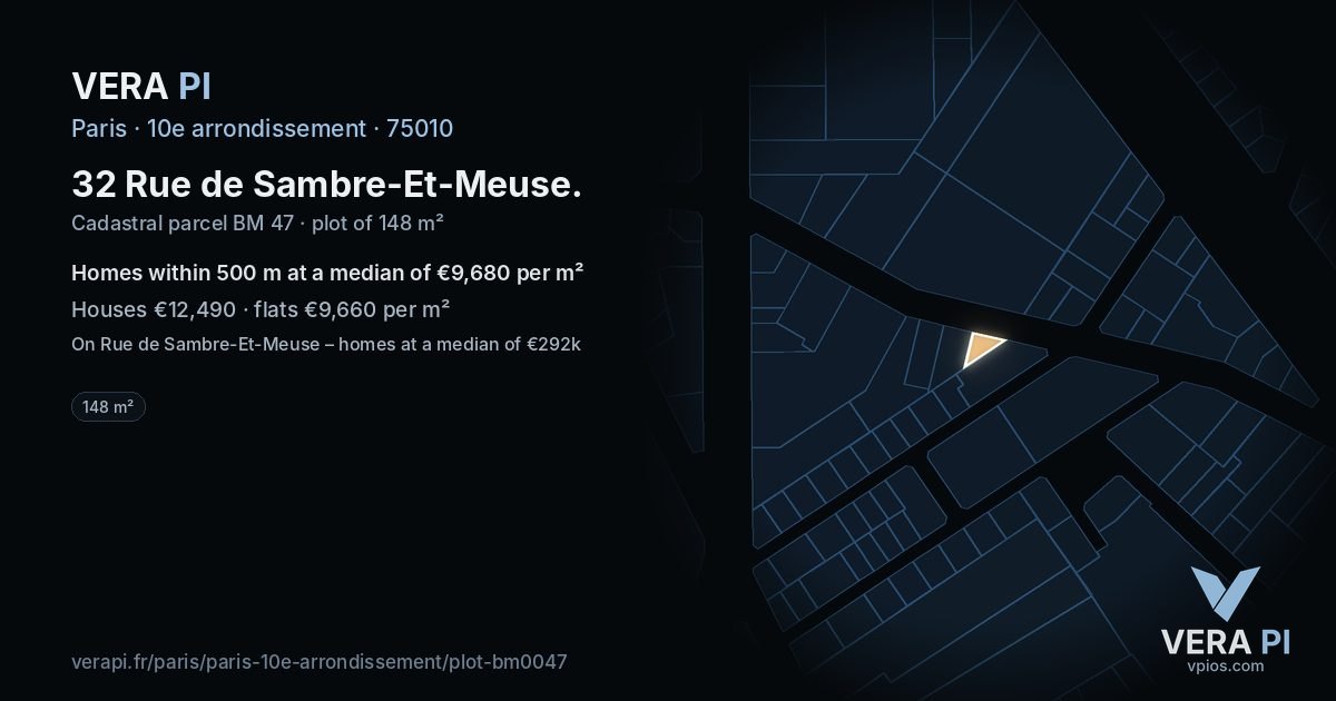 32 Rue de Sambre-Et-Meuse, 10e arrondissement at night – the plot lit, the parcels around coloured by the prices near them